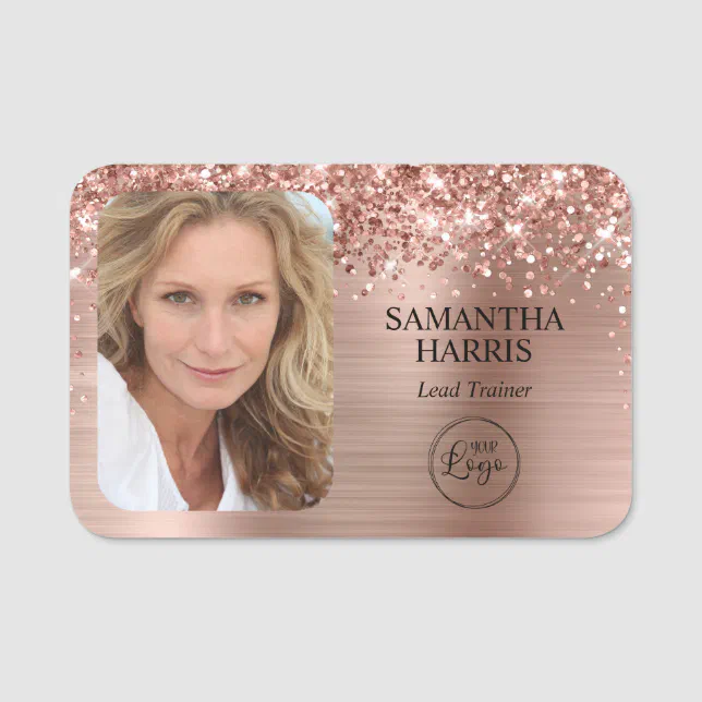 Glittery Rose Gold Foil Logo and Photo Name Tag Zazzle
