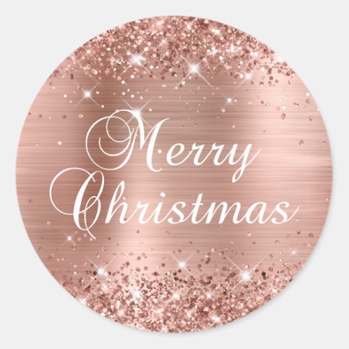 Glittery Rose Gold Foil Merry Christmas Classic Round Sticker