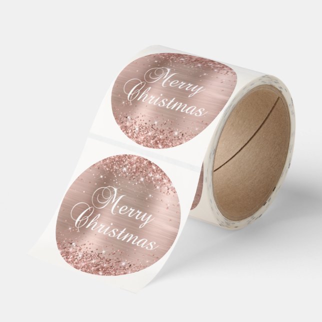Glittery Rose Gold Foil Merry Christmas Classic Round Sticker (Roll)