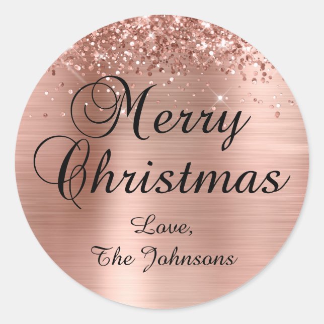 Glittery Rose Gold Foil Merry Christmas Family Classic Round Sticker (Front)