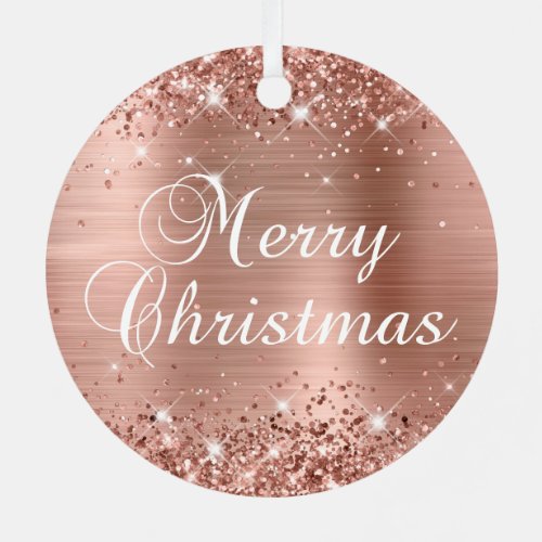 Glittery Rose Gold Foil Merry Christmas Metal Ornament