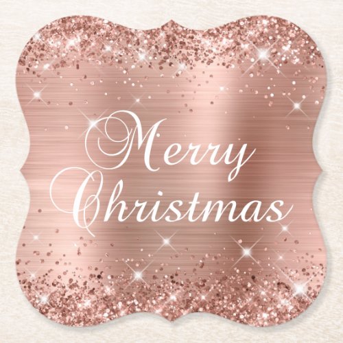 Glittery Rose Gold Foil Merry Christmas Paper Coaster