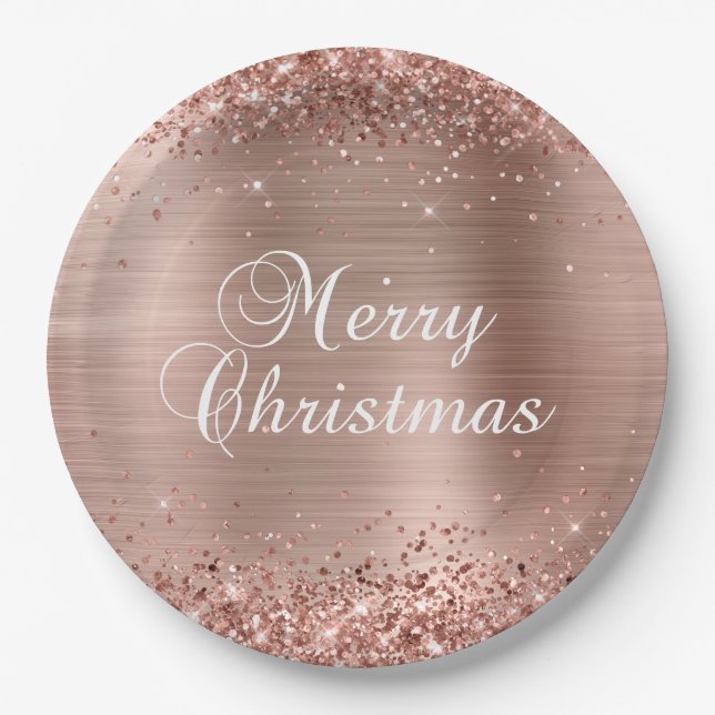 Glittery Rose Gold Foil Merry Christmas Paper Plates (Front)