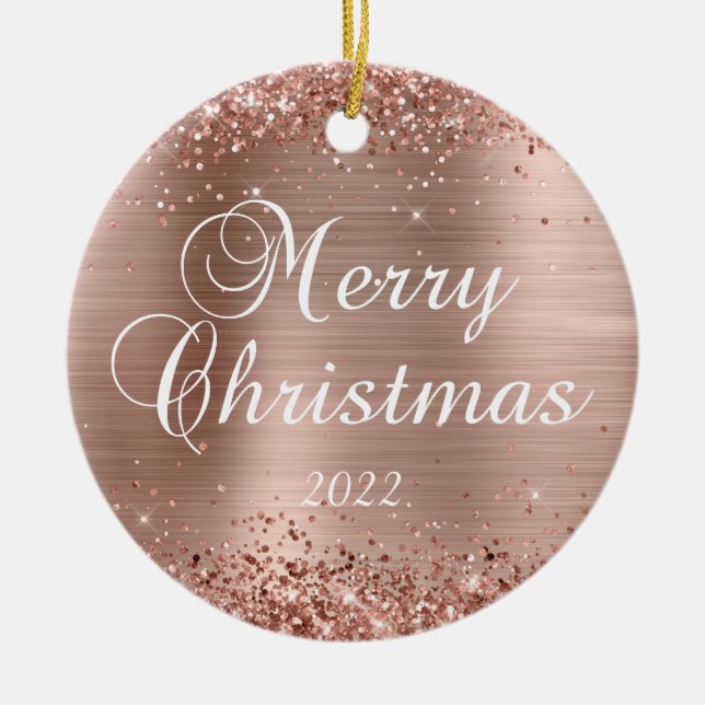 Glittery Rose Gold Foil Merry Christmas Photo Ceramic Ornament (Front)