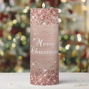 Glittery Rose Gold Foil Merry Christmas Pillar Candle