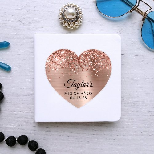 Glittery Rose Gold Foil Mis XV Aos Heart Shape Sticker