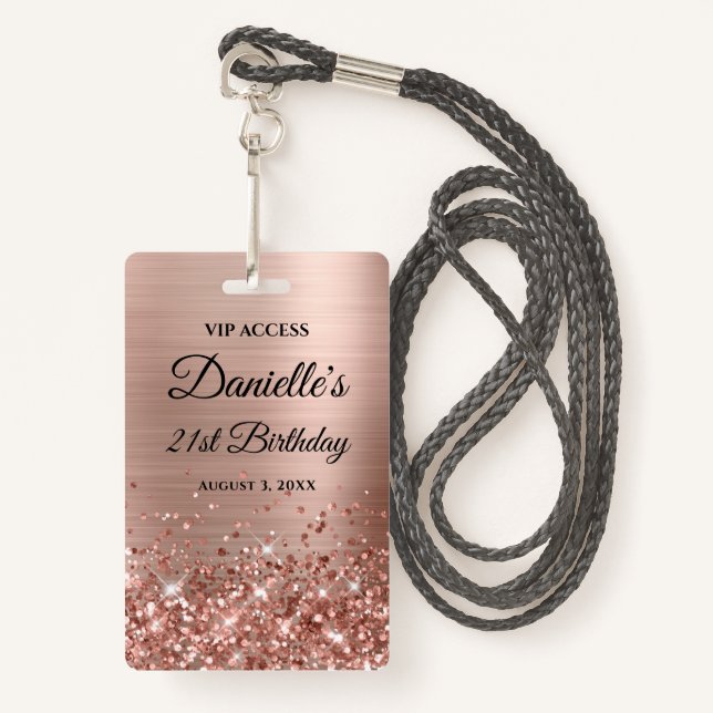Glittery Rose Gold Foil Modern 21st Birthday Badge (Front with Lanyard)