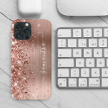 Glittery Rose Gold Foil Modern Girly Signature iPhone 13 Pro Max Case<br><div class="desc">Girly faux sparkly rose gold glitter highlights on the left edge over a faux pink blush rose gold brushed metal foil. The modern girly signature features an elegant white calligraphy font with decorative tails. Customize the font styles to create your own phone gear. The main colors are pink, blush, rose...</div>