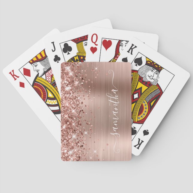 Glittery Rose Gold Foil Modern Girly Signature Poker Cards (Back)