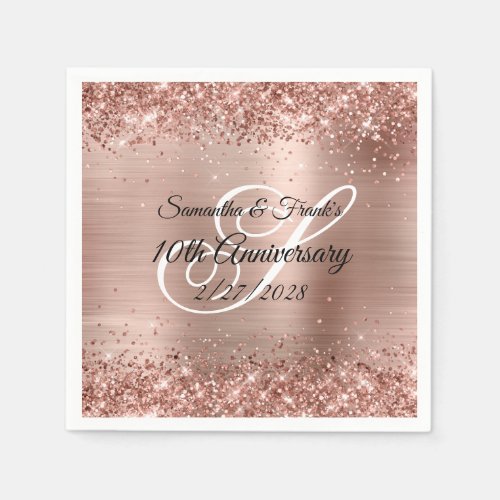 Glittery Rose Gold Foil Monogram 10th Anniversary Napkins