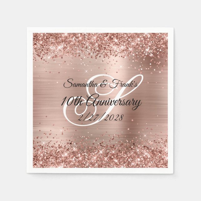 Glittery Rose Gold Foil Monogram 10th Anniversary Napkins (Front)