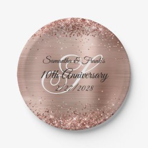 Glittery Rose Gold Foil Monogram 10th Anniversary Paper Plates