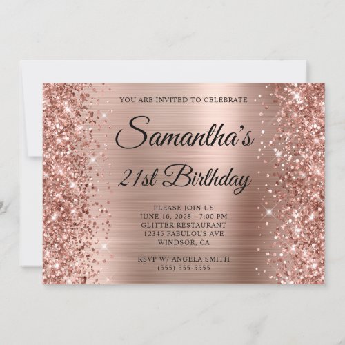 Glittery Rose Gold Foil Monogram 21st Birthday Invitation