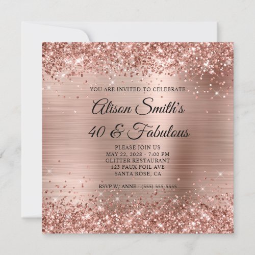 Glittery Rose Gold Foil Monogram 40  Fabulous Invitation