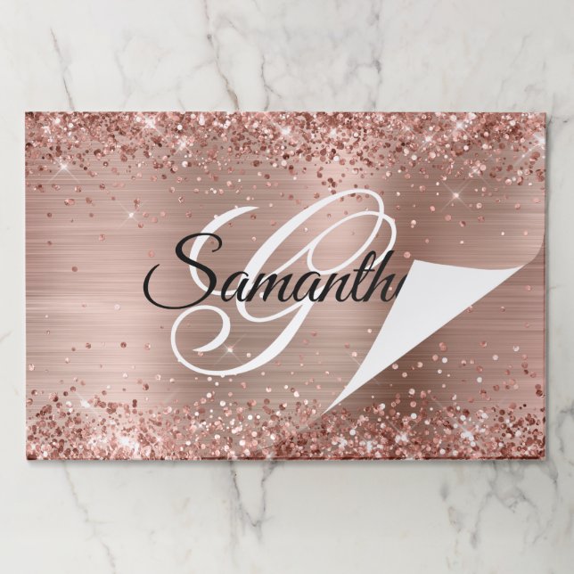 Glittery Rose Gold Foil Monogram Paper Placemats (Folded)