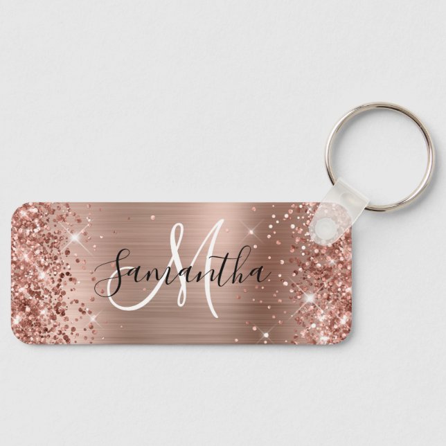 Glittery Rose Gold Foil Monogram Skinny Horizontal Keychain (Front)