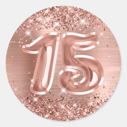 Glittery Rose Gold Foil Number 15 Birthday Classic Round Sticker