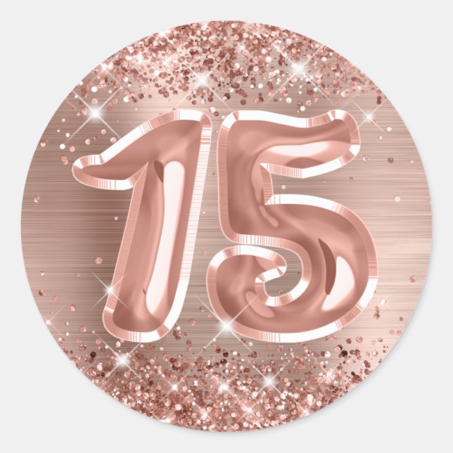 Glittery Rose Gold Foil Number 15 Birthday Classic Round Sticker (Front)