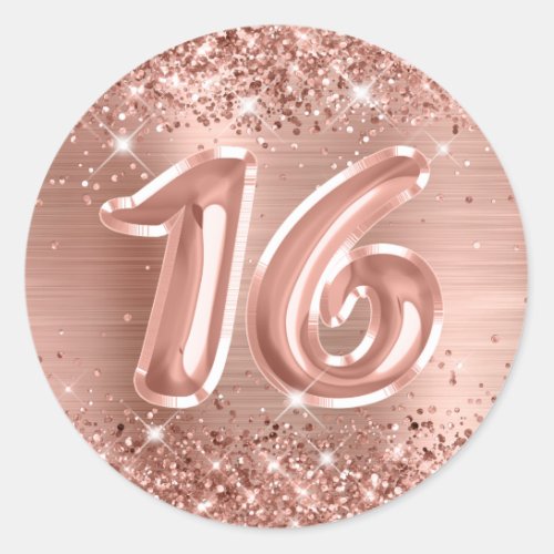 Glittery Rose Gold Foil Number 16 Birthday Classic Round Sticker