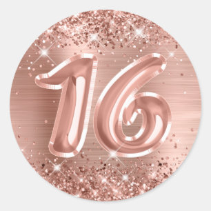 Glittery Rose Gold Foil Number 16 Birthday Classic Round Sticker