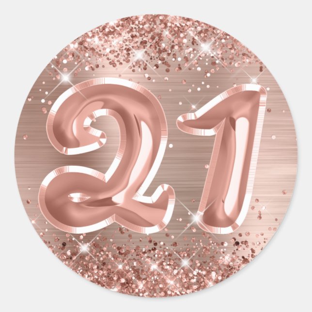 Glittery Rose Gold Foil Number 21 Birthday Classic Round Sticker (Front)