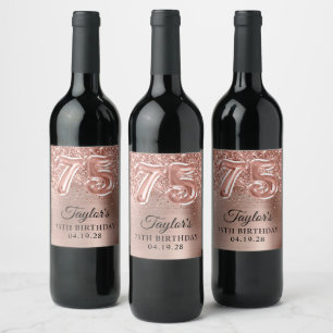 Glittery Rose Gold Foil Number 75 Birthday Wine Label