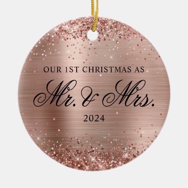Glittery Rose Gold Foil Our 1st Christmas Photo Ceramic Ornament (Front)