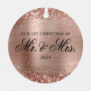 Glittery Rose Gold Foil Our 1st Christmas Photo Metal Ornament