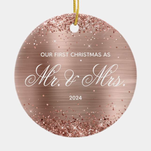 Glittery Rose Gold Foil Our First Christmas Ceramic Ornament (Front)