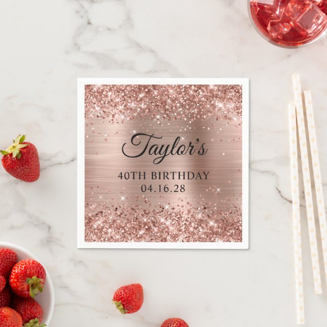 Glittery Rose Gold Foil Personalized 40th Birthday Napkins (Insitu)