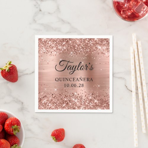 Glittery Rose Gold Foil Personalized Quinceaera Napkins