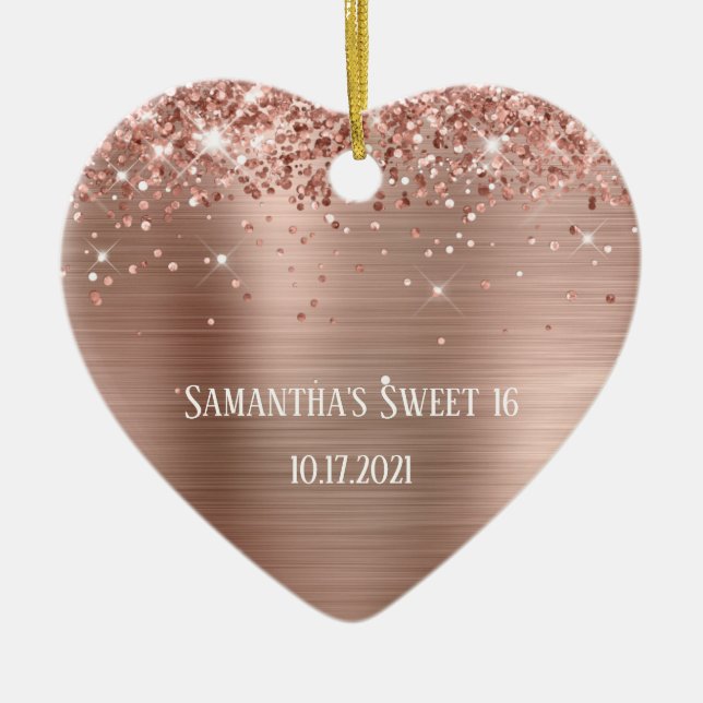 Glittery Rose Gold Foil Personalized Sweet 16 Ceramic Ornament (Front)