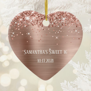 Glittery Rose Gold Foil Personalized Sweet 16 Ceramic Ornament