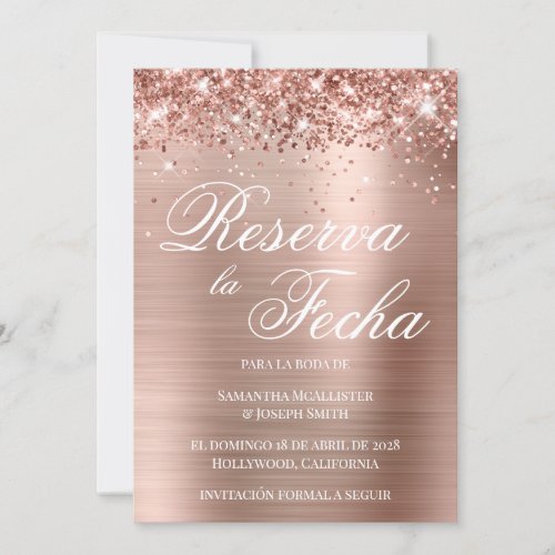 Glittery Rose Gold Foil Photo Reserva La Fecha Invitation