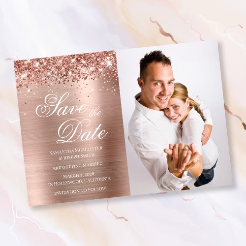 Glittery Rose Gold Foil Photo Save The Date