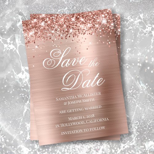 Glittery Rose Gold Foil Photo Save the Date Invitation