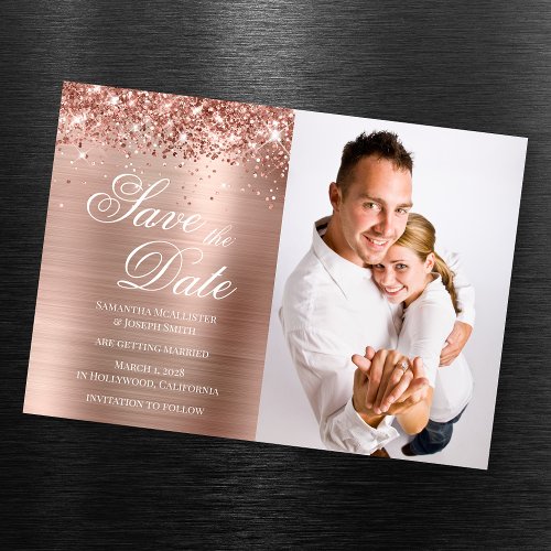Glittery Rose Gold Foil Photo Save the Date Magnetic Invitation