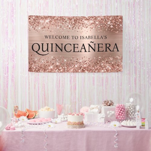 Glittery Rose Gold Foil Quinceanera All Caps Banner