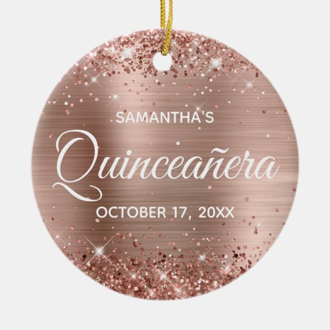 Glittery Rose Gold Foil Quinceañera Ceramic Ornament (Front)