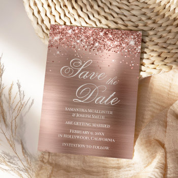 Glittery Rose Gold Foil Save The Date Invitation by annaleeblysse at Zazzle