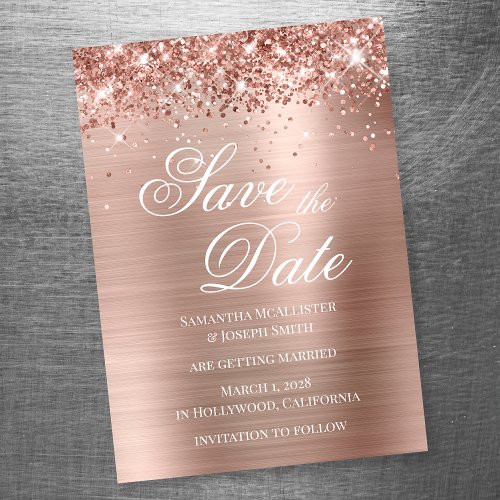 Glittery Rose Gold Foil Save the Date Magnetic Invitation