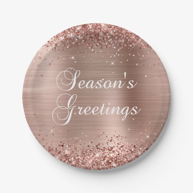 Glittery Rose Gold Foil Seasons Greetings Paper Plates (Front)