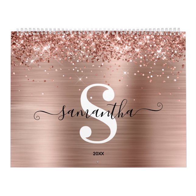 Glittery Rose Gold Foil Signature Monogram Photo Calendar (Cover)