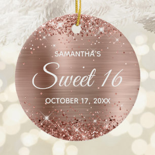 Glittery Rose Gold Foil Sweet 16 Birthday Ceramic Ornament