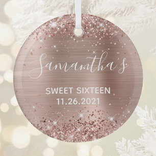 Glittery Rose Gold Foil Sweet 16 Glass Ornament