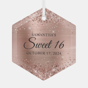 Glittery Rose Gold Foil Sweet 16 Glass Ornament