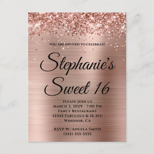 Glittery Rose Gold Foil Sweet 16 Invitation Postcard (Front)