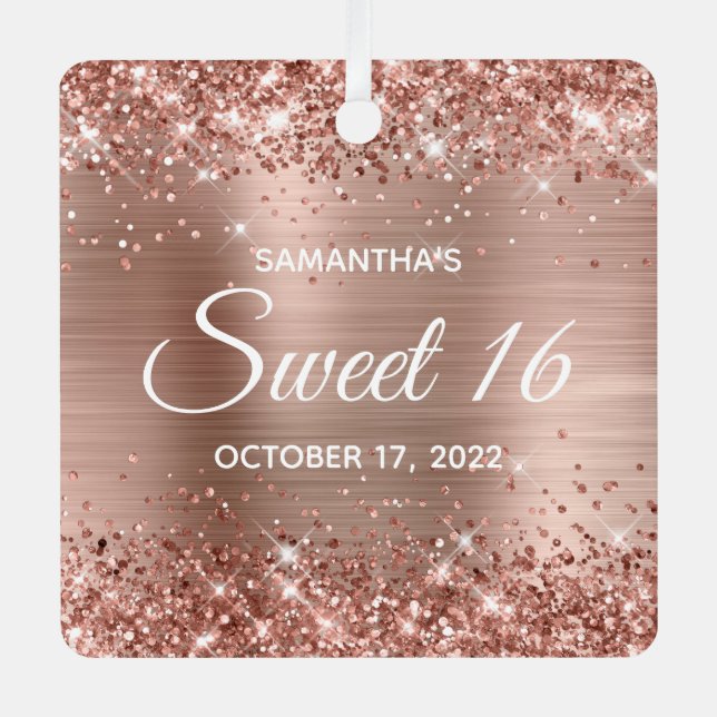 Glittery Rose Gold Foil Sweet 16 Metal Ornament (Front)