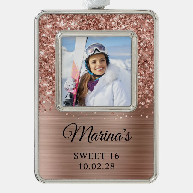 Glittery Rose Gold Foil Sweet 16 Photo Christmas Ornament (Front)