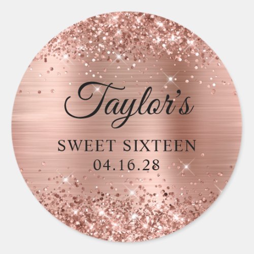 Glittery Rose Gold Foil Sweet Sixteen Birthday Classic Round Sticker